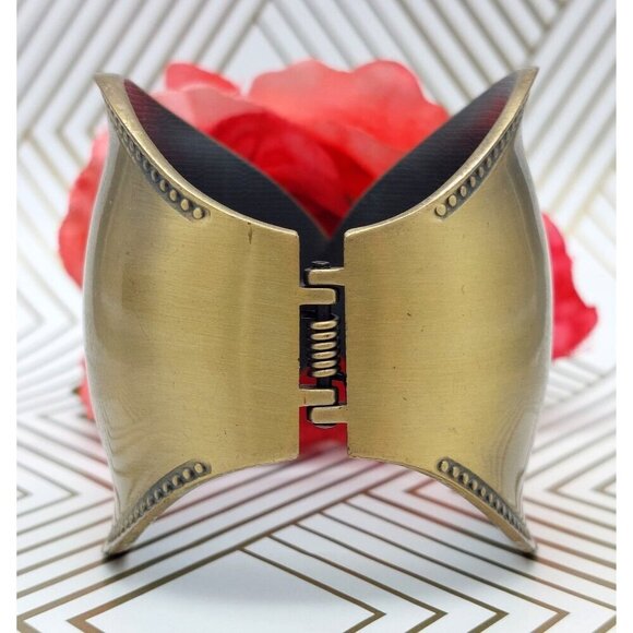 Hinged Brush Gold Tone Statement Cuff Bracelet Wide Studded Trim - Picture 2 of 10